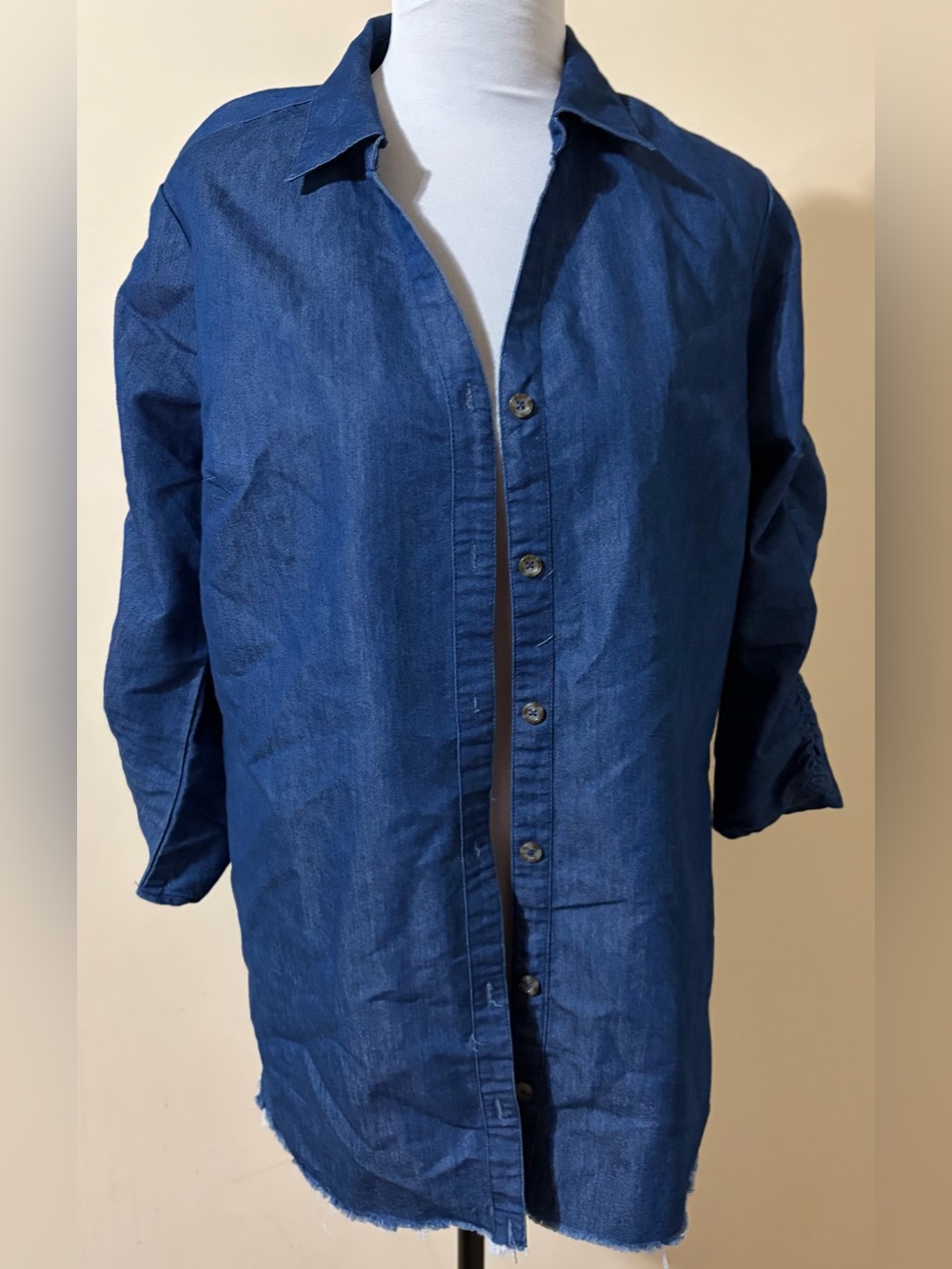 Mlle Gabrielle Stretch Denim Tunic Shirt Frayed Hem Blue 3/4 Sleeve size L